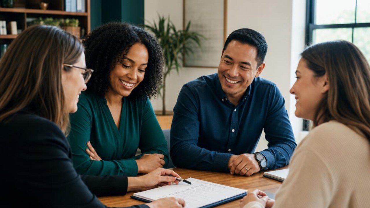 Welcoming small law firm team smiling with a prospective client during an intake meeting