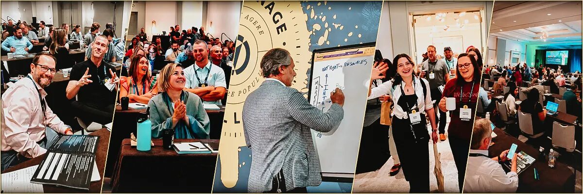 Scenes from HTM live events: members collaborating, workshops, and packed ballrooms