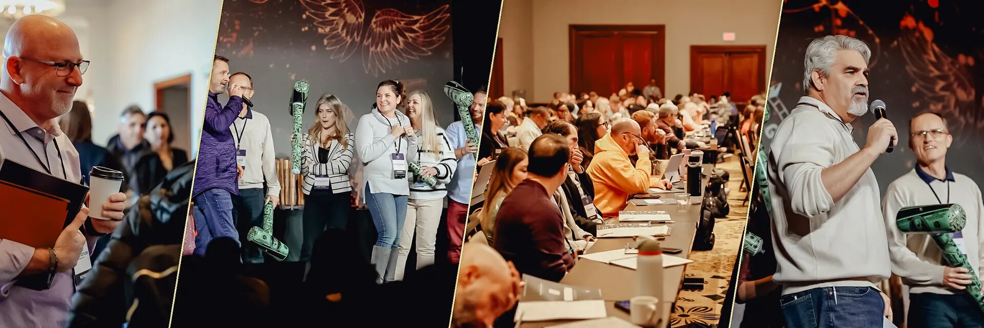 Scenes from HTM live events: speakers on stage, members asking questions, and the resource center